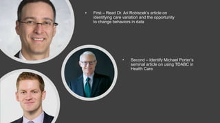 • Second – Identify Michael Porter’s
seminal article on using TDABC in
Health Care
• First – Read Dr. Ari Robiscek’s article on
identifying care variation and the opportunity
to change behaviors in data
 