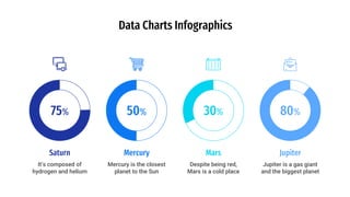 Data Charts Infographics
Saturn
It’s composed of
hydrogen and helium
75%
Mercury
Mercury is the closest
planet to the Sun
50%
Mars
Despite being red,
Mars is a cold place
30%
Jupiter
Jupiter is a gas giant
and the biggest planet
80%
 