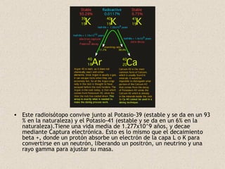 Este radioisótopo convive junto al Potasio-39 (estable y se da en un 93 % en la naturaleza) y el Potasio-41 (estable y se da en un 6% en la naturaleza).Tiene una vida media de 1.277x10^9 años, y decae mediante Captura electrónica. Esto es lo mismo que el decaimiento beta +, donde un protón absorbe un electrón de la capa L o K para convertirse en un neutrón, liberando un positrón, un neutrino y una rayo gamma para ajustar su masa. 