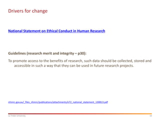 10
La Trobe University
Drivers for change
National Statement on Ethical Conduct in Human Research
Guidelines (research merit and integrity – p30):
To promote access to the benefits of research, such data should be collected, stored and
accessible in such a way that they can be used in future research projects.
nhmrc.gov.au/_files_nhmrc/publications/attachments/e72_national_statement_130813.pdf
 