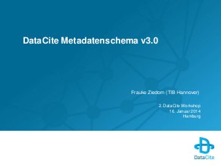 DataCite Metadatenschema v3.0
Frauke Ziedorn (TIB Hannover)
2. DataCite Workshop
16. Januar 2014
Hamburg
 