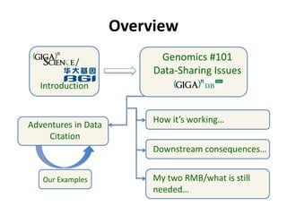 Overview
           /               Genomics #101
                          Data-Sharing Issues
  Introduction


                          How it’s working…
Adventures in Data
    Citation
                          Downstream consequences…


   Our Examples           My two RMB/what is still
                          needed…
 