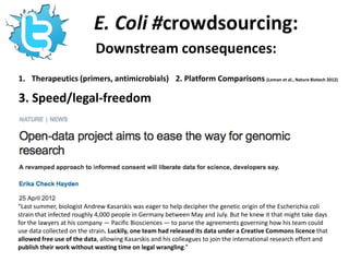 Downstream consequences:
1. Therapeutics (primers, antimicrobials) 2. Platform Comparisons (Loman et al., Nature Biotech 2012)

3. Speed/legal-freedom




“Last summer, biologist Andrew Kasarskis was eager to help decipher the genetic origin of the Escherichia coli
strain that infected roughly 4,000 people in Germany between May and July. But he knew it that might take days
for the lawyers at his company — Pacific Biosciences — to parse the agreements governing how his team could
use data collected on the strain. Luckily, one team had released its data under a Creative Commons licence that
allowed free use of the data, allowing Kasarskis and his colleagues to join the international research effort and
publish their work without wasting time on legal wrangling.”
 
