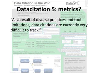 Datacitation 5: metrics?
“As a result of diverse practices and tool
limitations, data citations are currently very
diﬃcult to track.”
 