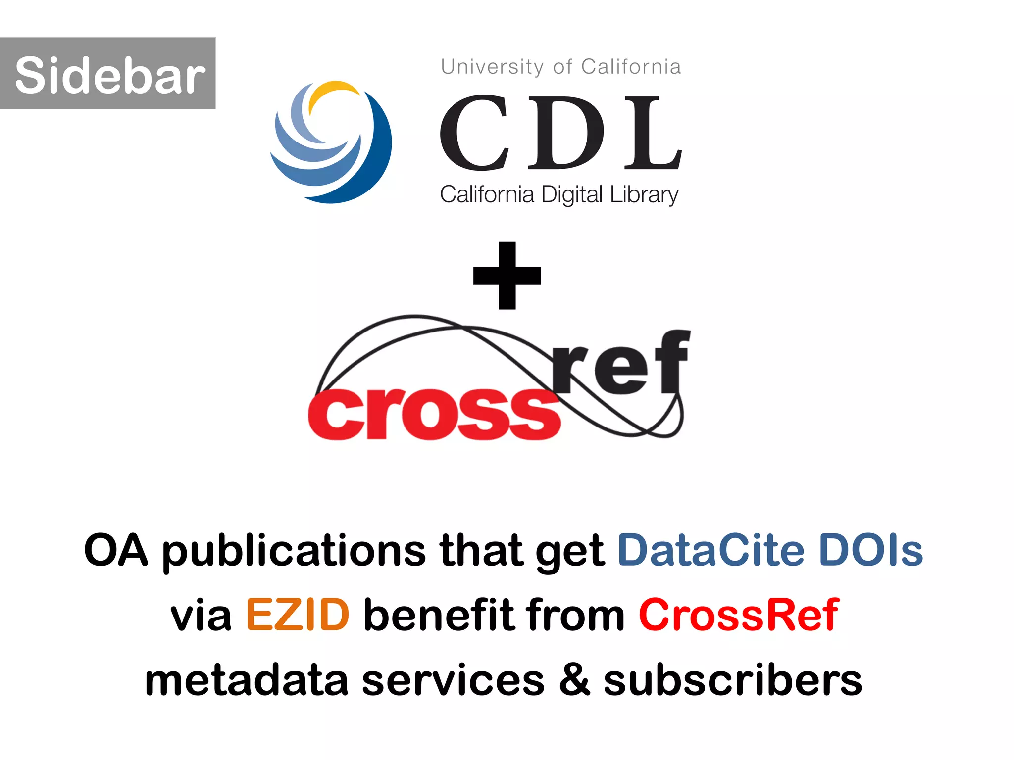 +
OA publications that get DataCite DOIs
via EZID benefit from CrossRef
metadata services & subscribers
Sidebar
 