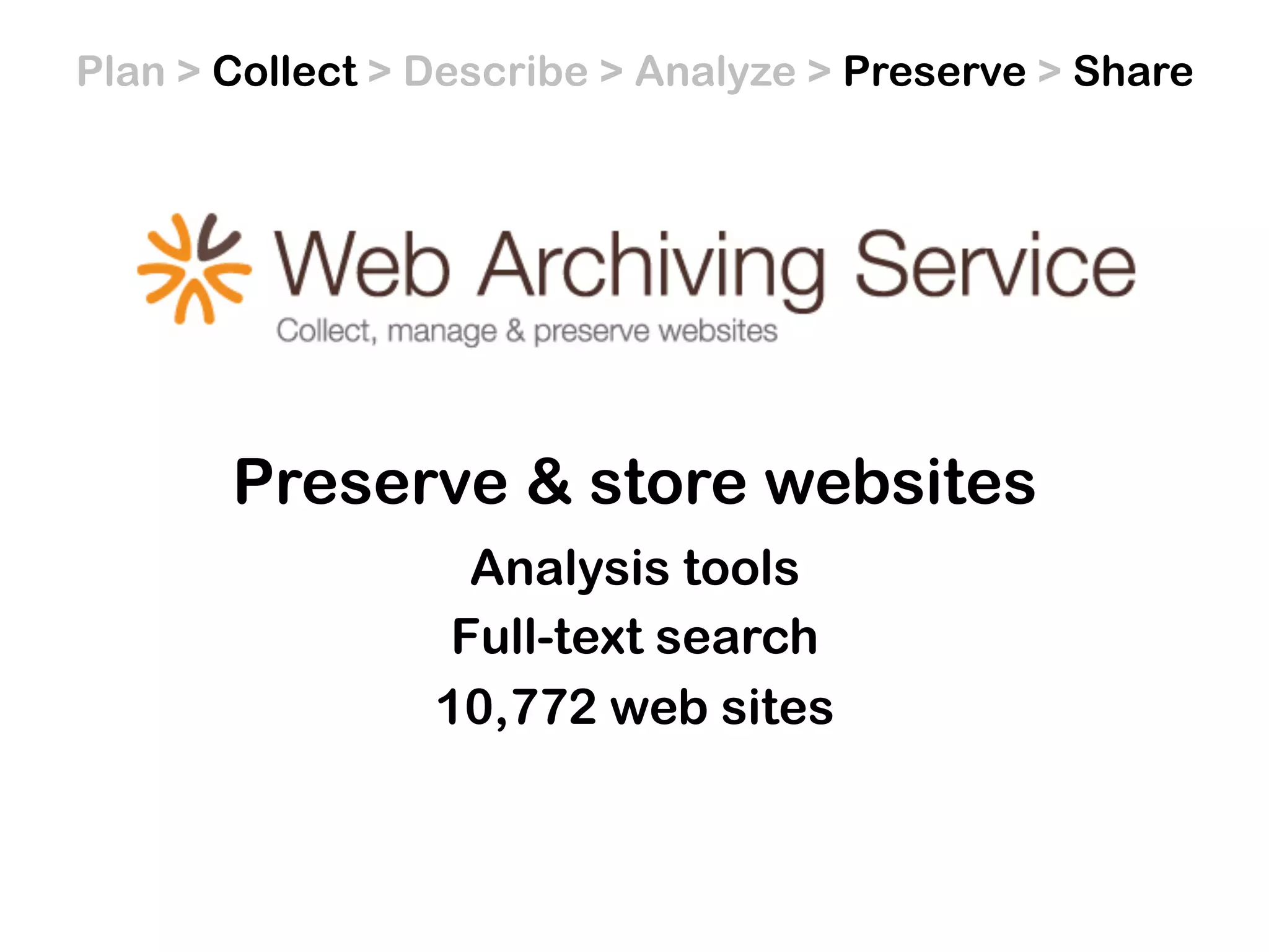 Analysis tools
Full-text search
10,772 web sites
Preserve & store websites
Plan > Collect > Describe > Analyze > Preserve > Share
 