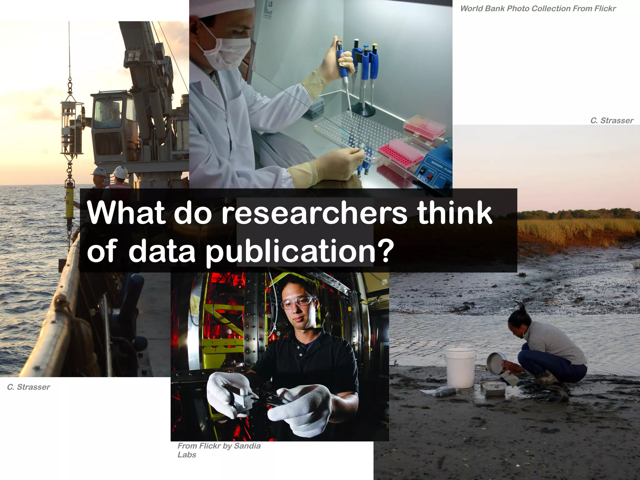 From Flickr by Sandia
Labs
C. Strasser
C. Strasser
World Bank Photo Collection From Flickr
What do researchers think
of data publication?
 