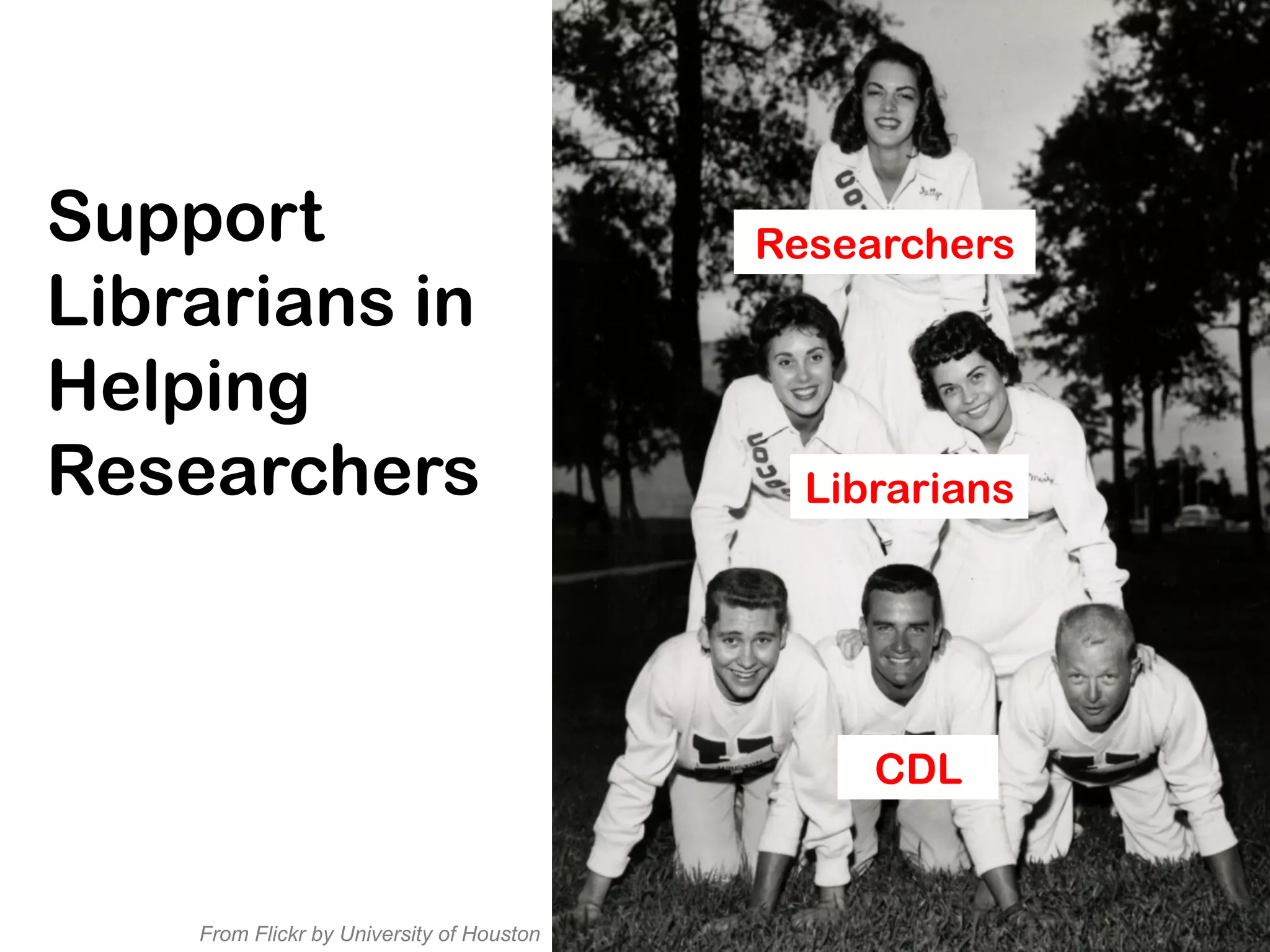From Flickr by University of Houston
Support
Librarians in
Helping
Researchers
CDL
Librarians
Researchers
 