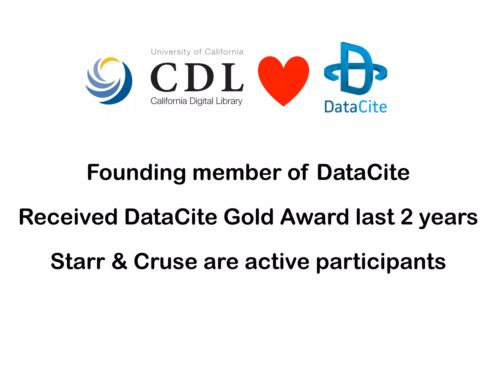 Founding member of DataCite
Received DataCite Gold Award last 2 years
Starr & Cruse are active participants
 