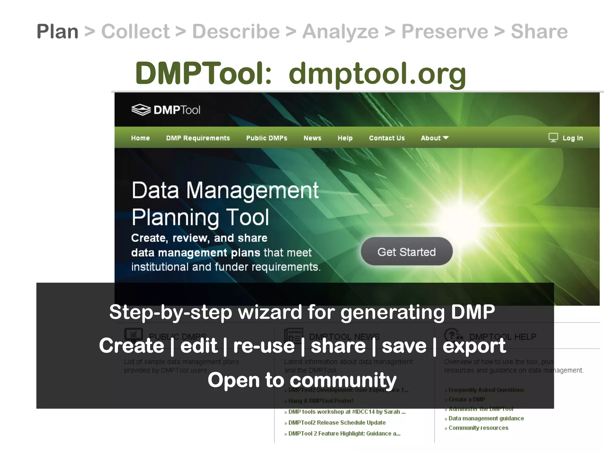 Step-by-step wizard for generating DMP
Create | edit | re-use | share | save | export
Open to community
DMPTool: dmptool.org
Plan > Collect > Describe > Analyze > Preserve > Share
 