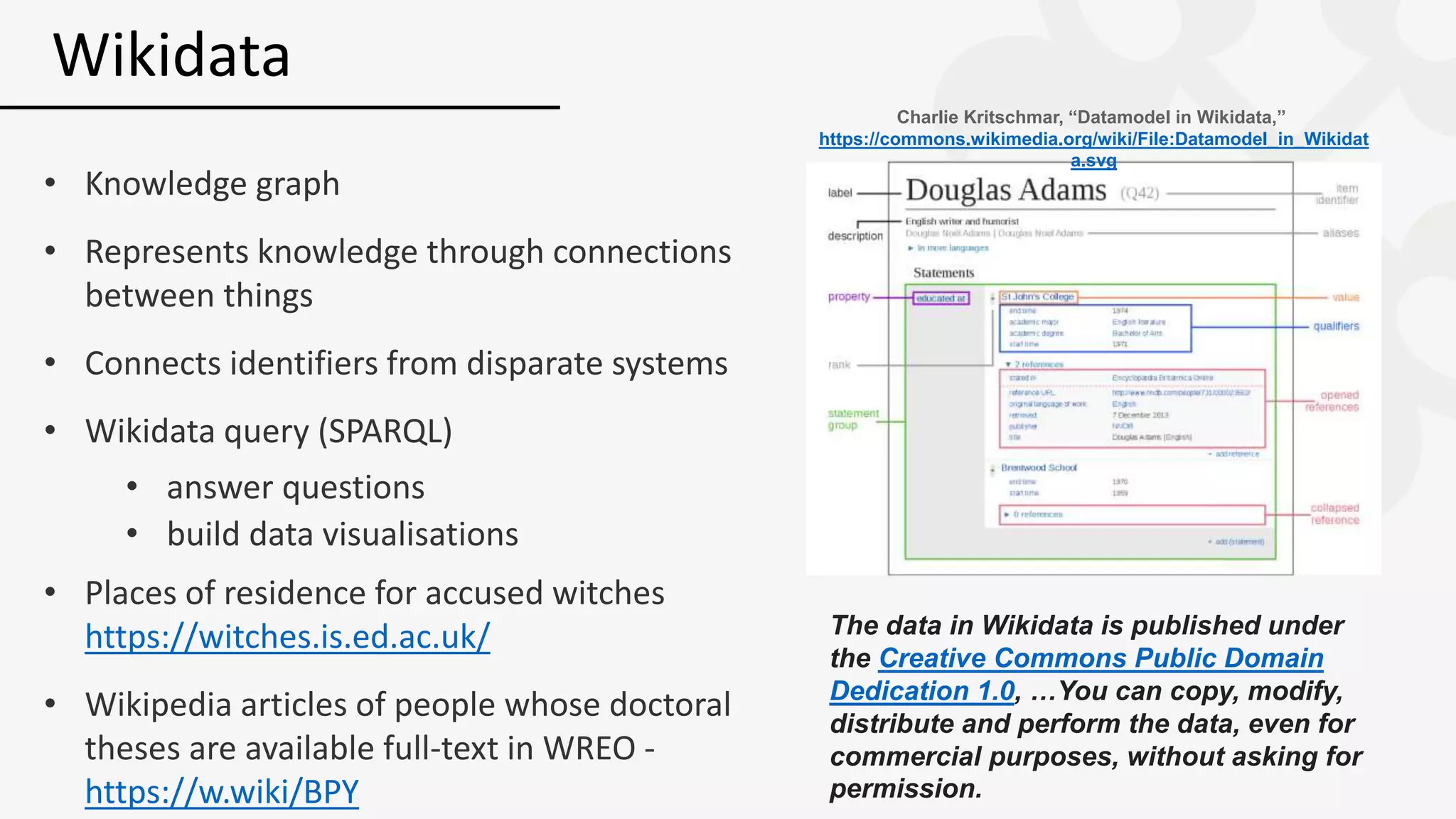 • Knowledge graph
• Represents knowledge through connections
between things
• Connects identifiers from disparate systems
• Wikidata query (SPARQL)
• answer questions
• build data visualisations
• Places of residence for accused witches
https://witches.is.ed.ac.uk/
• Wikipedia articles of people whose doctoral
theses are available full-text in WREO -
https://w.wiki/BPY
Wikidata
The data in Wikidata is published under
the Creative Commons Public Domain
Dedication 1.0, …You can copy, modify,
distribute and perform the data, even for
commercial purposes, without asking for
permission.
Charlie Kritschmar, “Datamodel in Wikidata,”
https://commons.wikimedia.org/wiki/File:Datamodel_in_Wikidat
a.svg
 