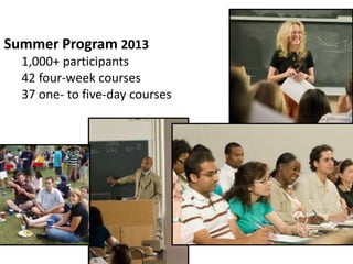 Summer Program 2013
1,000+ participants
42 four-week courses
37 one- to five-day courses
 