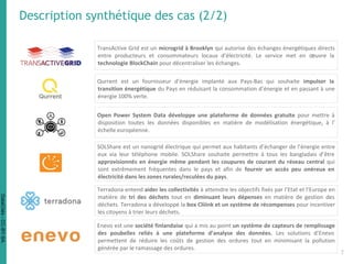 Description synthétique des cas (2/2)
TransActive Grid est un microgrid à Brooklyn qui autorise des échanges énergétiques directs
entre producteurs et consommateurs locaux d’électricité. Le service met en œuvre la
technologie BlockChain pour décentraliser les échanges.
Qurrent est un fournisseur d’énergie implanté aux Pays-Bas qui souhaite impulser la
transition énergétique du Pays en réduisant la consommation d’énergie et en passant à une
énergie 100% verte.
Open Power System Data développe une plateforme de données gratuite pour mettre à
disposition toutes les données disponibles en matière de modélisation énergétique, à l’
échelle européenne.
SOLShare est un nanogrid électrique qui permet aux habitants d’échanger de l’énergie entre
eux via leur téléphone mobile. SOLShare souhaite permettre à tous les bangladais d’être
approvisionnés en énergie même pendant les coupures de courant du réseau central qui
sont extrêmement fréquentes dans le pays et afin de fournir un accès peu onéreux en
électricité dans les zones rurales/reculées du pays.
Terradona entend aider les collectivités à atteindre les objectifs fixés par l’Etat et l’Europe en
matière de tri des déchets tout en diminuant leurs dépenses en matière de gestion des
déchets. Terradona a développé la box Cliiink et un système de récompenses pour incentiver
les citoyens à trier leurs déchets.
Enevo est une société finlandaise qui a mis au point un système de capteurs de remplissage
des poubelles reliés à une plateforme d’analyse des données. Les solutions d’Enevo
permettent de réduire les coûts de gestion des ordures tout en minimisant la pollution
générée par le ramassage des ordures.
7
DataCités-CC-BY-SA
 