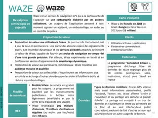 Description
synthétique et
objectifs
Waze est un service de navigation GPS qui a la particularité de
s'appuyer sur une cartographie élaborée par ses propres
utilisateurs. Les usagers de l'application peuvent à tout
moment signaler un accident, un embouteillage, un radar ou
un contrôle de police
Carte d’identité
• Waze a été fondée en 2008 en
Israël. Google rachète Waze en
2013 pour $1 milliard.
Proposition de valeur
● Proposition de valeur aux utilisateurs finaux : le parcours de tout abonné met
à jour la base en permanence. Une partie des abonnés opère des signalements
divers. Cet ensemble dynamique et les services prédictifs attachés définissent
la valeur de Waze, capable de fournir un service de navigation en temps réel
d’une très grande précision. Par ailleurs, Waze expérimente en Israël et en
Californie un service d'appariement de covoiturage dynamique.
● Proposition de valeur aux partenaires commerciaux : Waze monétise son
audience massive et qualifiée
● Proposition de valeur aux collectivités : Waze fournit ses informations aux
autorités en échange d’autres données pour les aider à fluidifier le trafic et
réduire les embouteillages
Clients
• Utilisateurs finaux : particuliers
• Partenaires commerciaux :
entreprises privées
Partenaires
Le programme "Connected Citizen »,
programme d'échange libre de
données de Waze regroupe plus de
50 entités (entreprises, villes,
institutions, états) dont Sanef en
France
Modèle
économique
• Modèle biface. Le service est gratuit
pour les usagers. Le programme est
équilibré par les investissements
publicitaires à l'écran voire
légèrement bénéficiaire et par la
vente de la traçabilité des usagers Données
Types de données mobilisés : Traces GPS, vitesse
mais aussi informations personnelles, profils
Facebook, Twitter, etc. Waze affirme "croire à
l'ouverture et au partage des données à grande
échelle". Le partage est assujetti à un troc de
données et l'ouverture se limite au périmètre de
ce troc et au seul interlocuteur public
contractant, excluant de fait d'autres acteurs qui
pourraient faire un autre usage de la donnée.
REX
• Waze revendique 200 millions
d'abonnés, 70 millions d'utilisateurs
réguliers (au moins une fois/mois)
dans 48 pays.
DataCités-CC-BY-SA
 