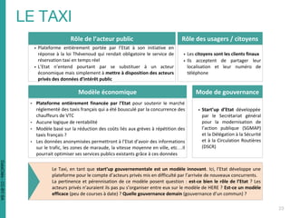 Rôle de l’acteur public
▪ Plateforme entièrement portée par l’Etat à son initiative en
réponse à la loi Thévenoud qui rendait obligatoire le service de
réservation taxi en temps réel
▪ L’Etat n’entend pourtant par se substituer à un acteur
économique mais simplement à mettre à disposition des acteurs
privés des données d’intérêt public
Rôle des usagers / citoyens
▪ Les citoyens sont les clients finaux
▪ Ils acceptent de partager leur
localisation et leur numéro de
téléphone
Modèle économique
• Plateforme entièrement financée par l’Etat pour soutenir le marché
réglementé des taxis français qui a été bousculé par la concurrence des
chauffeurs de VTC
• Aucune logique de rentabilité
• Modèle basé sur la réduction des coûts liés aux grèves à répétition des
taxis français ?
• Les données anonymisées permettront à l’Etat d’avoir des informations
sur le trafic, les zones de maraude, la vitesse moyenne en ville, etc…Il
pourrait optimiser ses services publics existants grâce à ces données
Mode de gouvernance
▪ Start’up d’Etat développée
par le Secrétariat général
pour la modernisation de
l’action publique (SGMAP)
et la Délégation à la Sécurité
et à la Circulation Routières
(DSCR)
Le Taxi, en tant que start’up gouvernementale est un modèle innovant. Ici, l’Etat développe une
plateforme pour le compte d’acteurs privés mis en difficulté par l’arrivée de nouveaux concurrents.
La pertinence et pérennisation de ce modèle posent question : est-ce bien le rôle de l’Etat ? Les
acteurs privés n’auraient ils pas pu s’organiser entre eux sur le modèle de HERE ? Est-ce un modèle
efficace (peu de courses à date) ? Quelle gouvernance demain (gouvernance d’un commun) ?
DataCités-CC-BY-SA
 