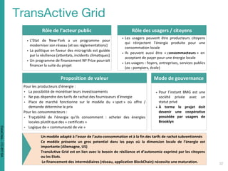 Rôle de l’acteur public
▪ L’Etat de New-York a un programme pour
moderniser son réseau (et ses réglementations)
▪ La politique en faveur des microgrids est guidée
par la résilience (attentats, incidents climatiques)
▪ Un programme de financement NY Prize pourrait
financer la suite du projet
Rôle des usagers / citoyens
▪ Les usagers peuvent être producteurs citoyens
qui réinjectent l’énergie produite pour une
consommation locale
▪ Ils peuvent aussi être « consommacteurs » en
acceptant de payer pour une énergie locale
▪ Les usagers : foyers, entreprises, services publics
(ex : pompiers, école)
Proposition de valeur
Pour les producteurs d’énergie :
• La possibilité de monétiser leurs investissements
• Ne pas dépendre des tarifs de rachat des fournisseurs d’énergie
• Place de marché fonctionne sur le modèle du « spot » où offre /
demande détermine le prix
Pour les consommacteurs :
• Traçabilité de l’énergie qu’ils consomment : acheter des énergies
locales plutôt que des « certificats »
• Logique de « communauté de vie »
Mode de gouvernance
▪ Pour l’instant BMG est une
société privée avec un
statut privé
▪ À terme le projet doit
devenir une coopérative
possédée par usagers de
Brooklyn
Un modèle adapté à l’essor de l’auto-consommation et à la fin des tarifs de rachat subventionnés
Ce modèle présente un gros potentiel dans les pays où la dimension locale de l’énergie est
importante (Allemagne, US)
TransActive Grid est en lien avec le besoin de résilience et d’autonomie exprimé par les citoyens
ou les Etats.
Le financement des intermédiaires (réseau, application BlockChain) nécessite une maturation.
DataCités-CC-BY-SA
 