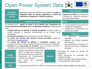 Description
synthétique et
objectifs
Open Power System Data (OPSD) a pour ambition de mettre à
disposition toutes les données disponibles en matière de
modélisation énergétique, à l’échelle européenne.
Carte d’identité
Projet lancé en 2015 pour 2 ans, par 4
institutions de recherche allemands,
avec financement fédéral
Proposition de valeur
La promesse client : gagner du temps et de la fiabilité dans l’exploitation de
sources de données hétérogènes pour la modélisation énergétique. OPSD propose
ainsi :
• D'agréger 200 flux de données à l’échelle européenne couvrant toutes les
sources d’énergie et l’équilibre offre-demande sur les réseaux (séries
temporelles)
• De retraiter les données pour éliminer les erreurs et incohérences
• De fournir des données dans plusieurs formats normalisés suivant les
spécifications Frictionless Data
• De garantir des licences de diffusion / réutilisation ouvertes alors
qu’aujourd’hui c’est un maquis juridique de licences restrictives et incohérentes
• Permettre à la communauté de contribuer avec ses propres données /
traitements, et les associer à l’évolution de la plateforme
Clients
• La communauté des chercheurs en
modélisation énergétique
• Incidemment, les producteurs de
données eux-mêmes
Partenaires
• 4 partenaires académiques
allemands
• Ministère de l’Énergie allemand
(financement)
• Des organisations promouvant la
diffusion de données statistiques
de qualité
Modèle
économique
• Diffusion des données en Open Data
(CC-BY ou OBdL) et du code-source
des scripts sous licence ouverte MIT
• Financement de l’investissement
initial par une subvention
• Run assuré par institutions
académiques
Données
• Description de toutes les sources de
production
• Séries temporelles de production par
énergie / territoire
• Séries temporelles offre / demande réseau
• Séries temporelles relevés météo
REX • Lancement de la plateforme fin 2016. Une communauté scientifique élargie engagée dans des ateliers.
DataCités-CC-BY-SA
 