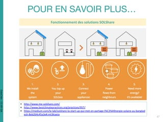 • http://www.me-solshare.com/
• http://www.bestclimatepractices.org/practices/957/
• https://medium.com/le-lab/solshare-la-start-up-qui-met-en-partage-l%C3%A9nergie-solaire-au-banglad
esh-8eb264c45a3e#.mt3kiaeio
Fonctionnement des solutions SOLShare
DataCités-CC-BY-SA
 