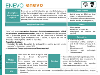 Description
synthétique et
objectifs
Enevo est une société finlandaise qui entend révolutionner le
secteur du ramassage d’ordures qui représente 1 000 milliards
de dollars. Les solutions d’Enevo permettent de réduire les
coûts de gestion des ordures tout en minimisant la pollution
générée par le ramassage des ordures.
Carte d’identité
• Société créée en 2010 par deux
experts en télécommunications
• Technologie déployée à Rotterdam,
Anvers, Helsinki, Washington, NY,..
Proposition de valeur
Enevo a mis au point un système de capteurs de remplissage des poubelles reliés à
une plateforme d’analyse des données. A partir des données collectées en temps
réel, la plateforme génère un parcours idéal de collecte que le chauffeur de
camions à ordures reçoit directement dans sa cabine.. Le logiciel de suivi est
disponible sur smartphone, tablette et ordinateur.
Proposition de valeur :
• Réduction des coûts de gestion des ordures (Enevo estime que son service
permet d’en économiser environ 30%)
• Réduction de l’impact environnemental de cette activité
Clients
• Municipalités
• Entreprises, hôpitaux, etc…
• Compagnies de collectes des
déchets
Partenaires
• Investisseurs privés
• Investisseurs publics (exemple :
prêt de 15 millions d’euros de la
Banque Européenne
d’Investissement)
• Partenaire avec technologie
complémentaire
Modèle
économique
Enevo a levé des fonds et reçu un prêt
de la Banque Européenne
d’investissement
Enevo propose des abonnements
mensuels pour profiter de sa
technologie. Le prix dépend du nombre
de capteurs déployés
Données
• Données liées au remplissage des poubelles
• Données personnelles des conducteurs de
camion: identité, localisation, etc.
• Enevo est propriétaire des données
collectées et en assure la protection
REX
• A Anvers, l’utilisation de cette technologie a permis de réduire de moitié le nombre de camions à ordures
nécessaires
DataCités-CC-BY-SA
 