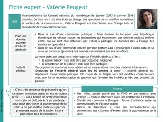 Fiche expert - Valérie Peugeot
Vice-présidente du Conseil national du numérique de janvier 2013 à janvier 2016
(mandat de trois ans), où elle était en charge des questions de «transition numérique
et société de la connaissance», Valérie Peugeot est chercheuse aux Orange Labs et
Présidente de l’association Vecam.
• Mes Infos, projet porté par la FING en partenariat avec
Orange → modèle alternatif avec une restitution à l’individu
• Charte des communs à Bologne : forme d’alliance entre les
communautés et l’acteur public
• Mairie de Barcelone a créé des infrastructures qui
permettent aux citoyens d’entrer dans la gouvernance de la
ville
QUI
Projets« C’est très tendance de prétendre qu’on
va sauver le monde quand on est un acteur
privé » ; « On a besoin de cette innovation
mais cela ne doit pas être un prétexte
pour pour détricoter la gouvernance de la
ville, à ne pas mettre toutes les parties
prenantes autour de la table, à faire
participer tous les habitants »
Pour une
donnée
ouverte
d’intérêt
générale
Intérêt
général
• Dans le cas d’une commande publique : faire évoluer la loi pour une République
Numérique et obliger toutes les entreprises qui fournissent des services publics (même
celles qui ne sont plus détenues par l’Etat) à partager les données liés à l’usage des
service en open data
• Dans le cas d’une commande privée (service bottom-up) : encourager l’open data et la
mise en commun (gratuite) des données en insistant sur ses bénéfices
La vraie question lorsqu’on s’interroge sur l’intérêt général c’est :
• la gouvernance : elle doit être participative, inclusive
• la répartition de la valeur : elle doit être partagée
De ce point de vue là les associations et les coopératives sont des modèles intéressants
Evolution de l’intérêt général dans les 10 années à venir : l’intérêt général est
dépendant d’une vision politique. On risque de se diriger vers des modèles conservateurs
avec une forte recentralisation du pouvoir qui favorise les intérêts privés des proches du
pouvoir
26
DataCités-CC-BY-SA
 