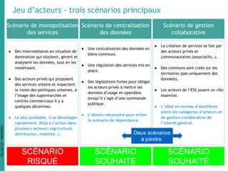 Jeu d’acteurs - trois scénarios principaux
Scénario de monopolisation
des services
Scénario de centralisation
des données
● Des intermédiaires en situation de
domination qui stockent, gèrent et
analysent les données, tout en les
monétisant.
● Des acteurs privés qui proposent
des services urbains et impactent
la vision des politiques urbaines, à
l’image des supermarchés et
centres commerciaux il y a
quelques décennies.
● Le plus probable, il se développe
rapidement. Déjà à l’action dans
plusieurs secteurs (agriculture,
distribution, mobilité…).
● Une centralisation des données en
biens communs.
● Une régulation des services mis en
place.
● Des législations fortes pour obliger
les acteurs privés à mettre les
données d’usage en opendata
lorsqu’il s’agit d’une commande
publique.
● L’absolu nécessaire pour éviter
le scénario de dépendance.
SCÉNARIO
RISQUÉ
SCÉNARIO
SOUHAITÉ
Scénario de gestion
collaborative
SCÉNARIO
SOUHAITÉ
● La création de services se fait par
des acteurs privés et
communautaires (associatifs…).
● Des communs sont créés sur les
territoires (pas uniquement des
données).
● Les acteurs de l’ESS jouent un rôle
essentiel.
● L’idéal en termes d’équilibres
entre les catégories d’acteurs et
de gestion collaborative de
l’intérêt général.
Deux scénarios
à joindre.
43
DataCités-CC-BY-SA
 