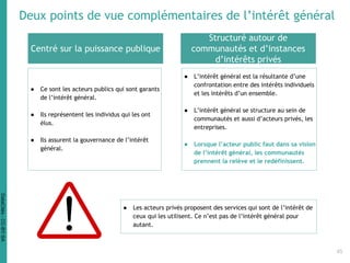 Deux points de vue complémentaires de l’intérêt général
Centré sur la puissance publique
Structuré autour de
communautés et d’instances
d’intérêts privés
● Ce sont les acteurs publics qui sont garants
de l’intérêt général.
● Ils représentent les individus qui les ont
élus.
● Ils assurent la gouvernance de l’intérêt
général.
● L’intérêt général est la résultante d’une
confrontation entre des intérêts individuels
et les intérêts d’un ensemble.
● L’intérêt général se structure au sein de
communautés et aussi d’acteurs privés, les
entreprises.
● Lorsque l’acteur public faut dans sa vision
de l’intérêt général, les communautés
prennent la relève et le redéfinissent.
● Les acteurs privés proposent des services qui sont de l’intérêt de
ceux qui les utilisent. Ce n’est pas de l’intérêt général pour
autant.
45
DataCités-CC-BY-SA
 