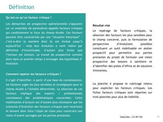 Définition
Qu’est-ce qu’un facteur critique ?
Les démarches de prospective opérationnelle s’appuient
sur un ensemble de paramètres appelés facteurs critiques
qui conditionnent le futur du champ étudié. Ces facteurs
peuvent être caractérisés par une “situation historique” -
c’est-à-dire la manière dont ils ont évolué jusqu’à
aujourd’hui - mais leur évolution à venir relève par
définition d’incertitudes, d’autant plus fortes que
l’horizon est lointain. Le travail de prospective consiste
alors dans un premier temps à envisager des hypothèses d’
évolution.
Comment repérer les facteurs critiques ?
Il s’agit d’identifier, à partir d’une base de connaissances,
les facteurs jugés les plus sensibles et stratégiques pour le
champ étudié à l’échelle déterminée. La sélection de ces
facteurs implique des experts / professionnels
connaisseurs des problématiques concernées. Cette
mobilisation d’acteurs est d’autant plus nécessaire que les
scénarios d’évolution des facteurs critiques sont incertains
et doivent donc faire l’objet de choix pour construire une
vision d’avenir partagée par les parties prenantes.
Résultat visé
Le repérage de facteurs critiques, la
sélection des facteurs les plus sensibles pour
le champ concerné, puis la formulation de
perspectives d’évolutions possibles
constituent un outil mobilisable en atelier
prospectif pour permettre aux parties
prenantes du projet de formuler une vision
prospective des besoins à satisfaire et
d’identifier des pistes d’offres et de solutions
innovantes.
La planche 4 propose le rubricage retenu
pour expliciter les facteurs critiques. Les
fiches facteurs critiques sont réparties sur
trois planches pour plus de lisibilité.
48DataCités - CC-BY-SA
 