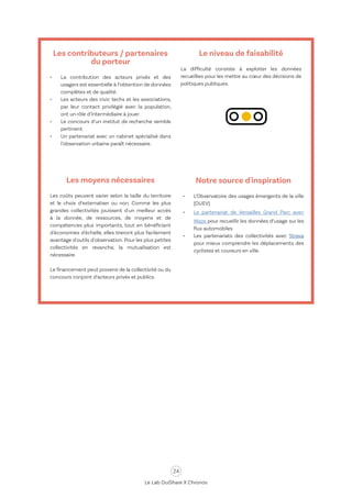 24
Le Lab OuiShare X Chronos
Les contributeurs / partenaires
du porteur
•	 La contribution des acteurs privés et des
usagers est essentielle à l’obtention de données
complètes et de qualité.
•	 Les acteurs des civic techs et les associations,
par leur contact privilégié avec la population,
ont un rôle d’intermédiaire à jouer.
•	 Le concours d’un institut de recherche semble
pertinent.
•	 Un partenariat avec un cabinet spécialisé dans
l’observation urbaine paraît nécessaire.
Les moyens nécessaires
Les coûts peuvent varier selon la taille du territoire
et le choix d’externaliser ou non. Comme les plus
grandes collectivités jouissent d'un meilleur accès
à la donnée, de ressources, de moyens et de
compétences plus importants, tout en bénéficiant
d'économies d'échelle, elles tireront plus facilement
avantage d'outils d'observation. Pour les plus petites
collectivités en revanche, la mutualisation est
nécessaire.
Le financement peut provenir de la collectivité ou du
concours conjoint d’acteurs privés et publics.
Le niveau de faisabilité
La difficulté consiste à exploiter les données
recueillies pour les mettre au cœur des décisions de
politiques publiques.
Notre source d'inspiration
•	 L’Observatoire des usages émergents de la ville
(OUEV)
•	 Le partenariat de Versailles Grand Parc avec
Waze pour recueillir les données d’usage sur les
flux automobiles
•	 Les partenariats des collectivités avec Strava
pour mieux comprendre les déplacements des
cyclistes et coureurs en ville.
 