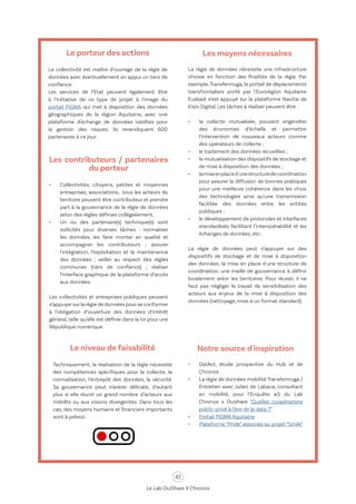 42
Le Lab OuiShare X Chronos
Le porteur des actions
La collectivité est maître d’ouvrage de la régie de
données avec éventuellement en appui un tiers de
confiance.
Les services de l’Etat peuvent également être
à l’initiative de ce type de projet à l’image du
portail PIGMA qui met à disposition des données
géographiques de la région Aquitaine, avec une
plateforme d'échange de données inédites pour
la gestion des risques. Ils revendiquent 600
partenaires à ce jour.
Les contributeurs / partenaires
du porteur
•	 Collectivités, citoyens, petites et moyennes
entreprises, associations… tous les acteurs du
territoire peuvent être contributeur et prendre
part à la gouvernance de la régie de données
selon des règles définies collégialement.
•	 Un ou des partenaire(s) technique(s) sont
sollicités pour diverses tâches : normaliser
les données, les faire monter en qualité et
accompagner les contributeurs ; assurer
l'intégration, l’exploitation et la maintenance
des données ; veiller au respect des règles
communes (tiers de confiance) ; réaliser
l’interface graphique de la plateforme d’accès
aux données.
Les collectivités et entreprises publiques peuvent
s’appuyersurla régie de données pourse conformer
à l’obligation d’ouverture des données d’intérêt
général, telle qu’elle est définie dans la loi pour une
République numérique.
Les moyens nécessaires
La régie de données nécessite une infrastructure
choisie en fonction des finalités de la régie. Par
exemple,Transfermuga, le portail de déplacements
transfrontaliers porté par l'Eurorégion Aquitaine
Euskadi s’est appuyé sur la plateforme Navitia de
Kisio Digital. Les tâches à réaliser peuvent être :
•	 la collecte mutualisée, pouvant engendrer
des économies d’échelle et permettre
l’intervention de nouveaux acteurs comme
des opérateurs de collecte ;
•	 le traitement des données recueillies ;
•	 la mutualisation des dispositifs de stockage et
de mise à disposition des données ;
•	 lamiseenplaced'unestructuredecoordination
pour assurer la diffusion de bonnes pratiques
pour une meilleure cohérence dans les choix
des technologies ainsi qu’une transmission
facilitée des données entre les entités
publiques ;
•	 le développement de protocoles et interfaces
standardisés facilitant l’interopérabilité et les
échanges de données, etc.
La régie de données peut s’appuyer sur des
dispositifs de stockage et de mise à disposition
des données, la mise en place d'une structure de
coordination, une maille de gouvernance à définir
localement selon les territoires. Pour réussir, il ne
faut pas négliger le travail de sensibilisation des
acteurs aux enjeux de la mise à disposition des
données (nettoyage, mise à un format standard).
Le niveau de faisabilité
Techniquement, la réalisation de la régie nécessite
des compétences spécifiques pour la collecte, la
normalisation, l’entrepôt des données, la sécurité.
Sa gouvernance peut s’avérer délicate, d’autant
plus si elle réunit un grand nombre d’acteurs aux
intérêts ou aux visions divergentes. Dans tous les
cas, des moyens humains et financiers importants
sont à prévoir.
Notre source d'inspiration
•	 DatAct, étude prospective du Hub et de
Chronos
•	 La régie de données mobilité Transfermuga /
Entretien avec Julien de Labaca, consultant
en mobilité, pour l’Enquête #2 du Lab
Chronos x Ouishare “Quelles coopérations
public-privé à l’ère de la data ?”
•	 Portail PIGMA Aquitaine
•	 Plateforme “Pride” associée au projet “Smile”
 