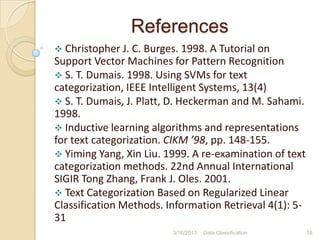 References
 Christopher J. C. Burges. 1998. A Tutorial on
Support Vector Machines for Pattern Recognition
 S. T. Dumais. 1998. Using SVMs for text
categorization, IEEE Intelligent Systems, 13(4)
 S. T. Dumais, J. Platt, D. Heckerman and M. Sahami.
1998.
 Inductive learning algorithms and representations
for text categorization. CIKM ’98, pp. 148-155.
 Yiming Yang, Xin Liu. 1999. A re-examination of text
categorization methods. 22nd Annual International
SIGIR Tong Zhang, Frank J. Oles. 2001.
 Text Categorization Based on Regularized Linear
Classification Methods. Information Retrieval 4(1): 5-
31
                         3/16/2013   Data Classification   18
 