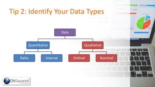 Tip 2: Identify Your Data Types
Data
Quantitative
Ratio Interval
Qualitative
Ordinal Nominal