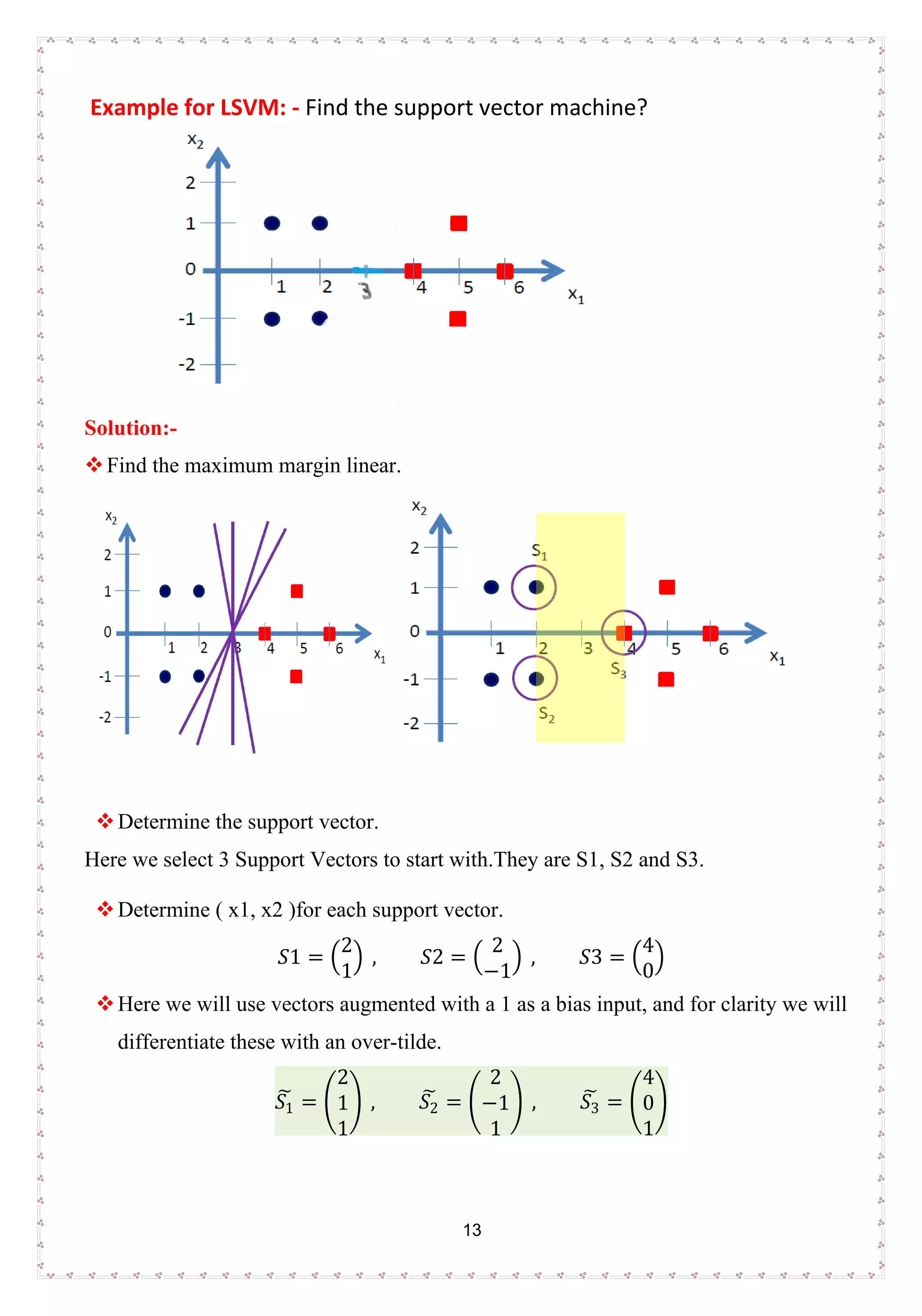 13
Example for LSVM: - Find the support vector machine?
Solution:-
Find the maximum margin linear.
Determine the support vector.
Here we select 3 Support Vectors to start with.They are S1, S2 and S3.
Determine ( x1, x2 )for each support vector.
𝑆𝑆1 = �
2
1
� , 𝑆𝑆2 = �
2
−1
� , 𝑆𝑆3 = �
4
0
�
Here we will use vectors augmented with a 1 as a bias input, and for clarity we will
differentiate these with an over-tilde.
𝑆𝑆1
� = �
2
1
1
� , 𝑆𝑆2
� = �
2
−1
1
� , 𝑆𝑆3
� = �
4
0
1
�
 
