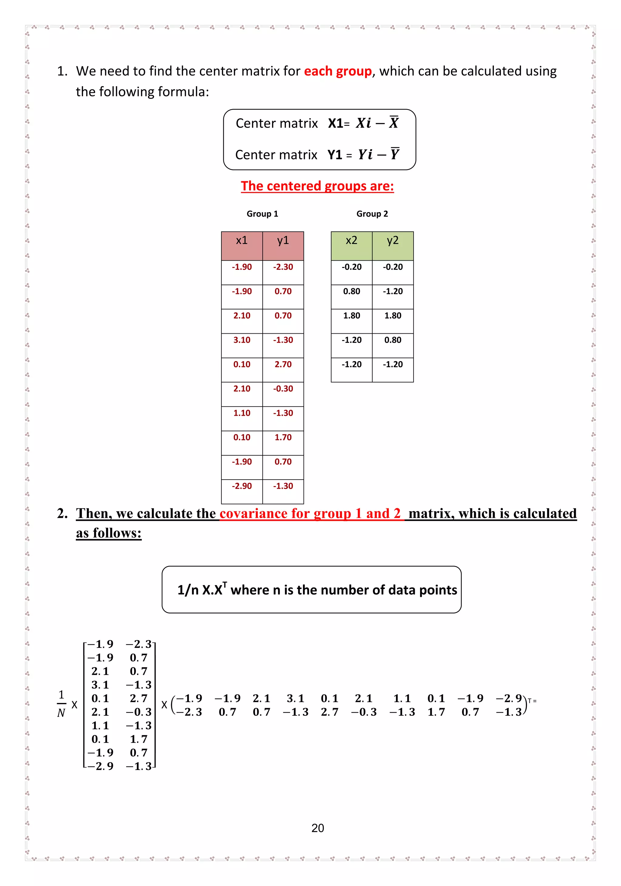 20
1. We need to find the center matrix for each group, which can be calculated using
the following formula:
Center matrix X1= 𝑿𝑿𝑿𝑿 − 𝑿𝑿�
Center matrix Y1 = 𝒀𝒀𝒀𝒀 − 𝒀𝒀�
The centered groups are:
Group 1 Group 2
x1 y1 x2 y2
-1.90 -2.30 -0.20 -0.20
-1.90 0.70 0.80 -1.20
2.10 0.70 1.80 1.80
3.10 -1.30 -1.20 0.80
0.10 2.70 -1.20 -1.20
2.10 -0.30
1.10 -1.30
0.10 1.70
-1.90 0.70
-2.90 -1.30
2. Then, we calculate the covariance for group 1 and 2 matrix, which is calculated
as follows:
1/n X.XT
where n is the number of data points
1
𝑁𝑁
X
⎣
⎢
⎢
⎢
⎢
⎢
⎢
⎢
⎢
⎡
−𝟏𝟏. 𝟗𝟗 −𝟐𝟐. 𝟑𝟑
−𝟏𝟏. 𝟗𝟗 𝟎𝟎. 𝟕𝟕
𝟐𝟐. 𝟏𝟏 𝟎𝟎. 𝟕𝟕
𝟑𝟑. 𝟏𝟏 −𝟏𝟏. 𝟑𝟑
𝟎𝟎. 𝟏𝟏 𝟐𝟐. 𝟕𝟕
𝟐𝟐. 𝟏𝟏 −𝟎𝟎. 𝟑𝟑
𝟏𝟏. 𝟏𝟏 −𝟏𝟏. 𝟑𝟑
𝟎𝟎. 𝟏𝟏 𝟏𝟏. 𝟕𝟕
−𝟏𝟏. 𝟗𝟗 𝟎𝟎. 𝟕𝟕
−𝟐𝟐. 𝟗𝟗 −𝟏𝟏. 𝟑𝟑⎦
⎥
⎥
⎥
⎥
⎥
⎥
⎥
⎥
⎤
X �
−𝟏𝟏. 𝟗𝟗 −𝟏𝟏. 𝟗𝟗 𝟐𝟐. 𝟏𝟏 𝟑𝟑. 𝟏𝟏 𝟎𝟎. 𝟏𝟏 𝟐𝟐. 𝟏𝟏 𝟏𝟏. 𝟏𝟏 𝟎𝟎. 𝟏𝟏 −𝟏𝟏. 𝟗𝟗 −𝟐𝟐. 𝟗𝟗
−𝟐𝟐. 𝟑𝟑 𝟎𝟎. 𝟕𝟕 𝟎𝟎. 𝟕𝟕 −𝟏𝟏. 𝟑𝟑 𝟐𝟐. 𝟕𝟕 −𝟎𝟎. 𝟑𝟑 −𝟏𝟏. 𝟑𝟑 𝟏𝟏. 𝟕𝟕 𝟎𝟎. 𝟕𝟕 −𝟏𝟏. 𝟑𝟑
�T =
 