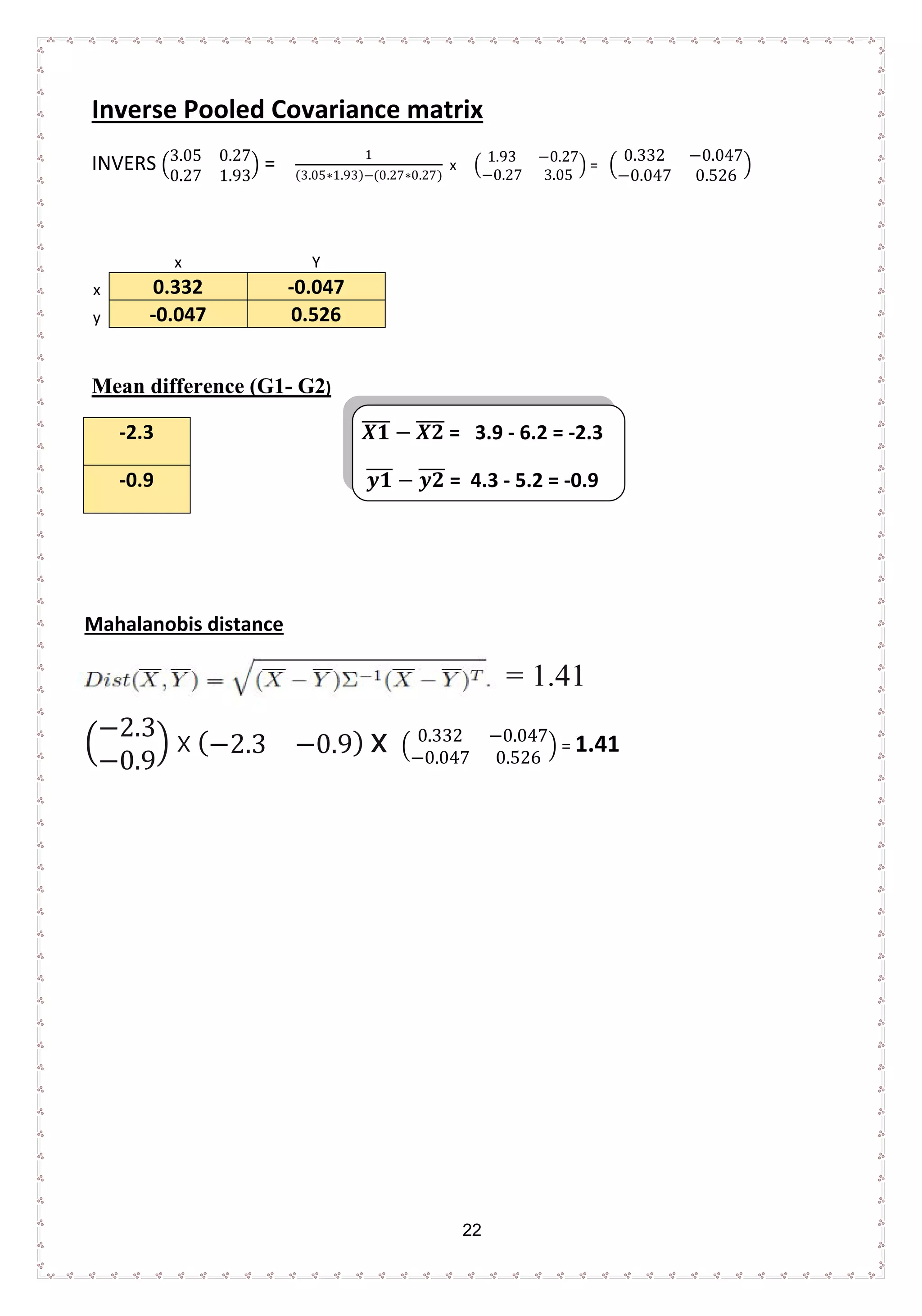 22
Inverse Pooled Covariance matrix
INVERS �
3.05 0.27
0.27 1.93
� =
1
(3.05∗1.93)−(0.27∗0.27)
x �
1.93 −0.27
−0.27 3.05
� = �
0.332 −0.047
−0.047 0.526
�
x Y
x 0.332 -0.047
y -0.047 0.526
Mean difference (G1- G2)
-2.3 𝑿𝑿𝑿𝑿���� − 𝑿𝑿𝑿𝑿���� = 3.9 - 6.2 = -2.3
-0.9 𝒚𝒚𝒚𝒚���� − 𝒚𝒚𝒚𝒚���� = 4.3 - 5.2 = -0.9
Mahalanobis distance
= 1.41
�
−2.3
−0.9
� x (−2.3 −0.9) x �
0.332 −0.047
−0.047 0.526
� = 1.41
 