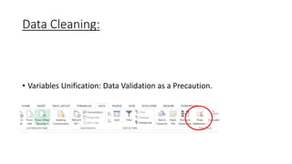 Data Cleaning:
• Variables Unification: Data Validation as a Precaution.