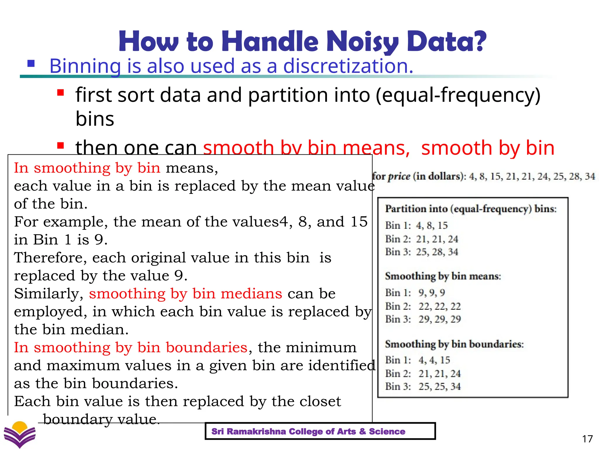 17
How to Handle Noisy Data?
 Binning is also used as a discretization.
 first sort data and partition into (equal-frequency)
bins
 then one can smooth by bin means, smooth by bin
median, smooth by bin boundaries, etc.)
In smoothing by bin means,
each value in a bin is replaced by the mean value
of the bin.
For example, the mean of the values4, 8, and 15
in Bin 1 is 9.
Therefore, each original value in this bin is
replaced by the value 9.
Similarly, smoothing by bin medians can be
employed, in which each bin value is replaced by
the bin median.
In smoothing by bin boundaries, the minimum
and maximum values in a given bin are identified
as the bin boundaries.
Each bin value is then replaced by the closet
boundary value.
Sri Ramakrishna College of Arts & Science
 