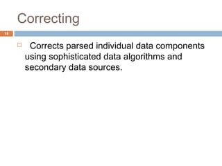 Correcting 
 Corrects parsed individual data components 
using sophisticated data algorithms and 
secondary data sources. 
18 
 