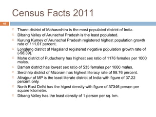 Census Facts 2011 
46 
 Thane district of Maharashtra is the most populated district of India. 
 Dibang Valley of Arunachal Pradesh is the least populated. 
 Kurung Kumey of Arunachal Pradesh registered highest population growth 
rate of 111.01 percent. 
 Longleng district of Nagaland registered negative population growth rate of 
(-58.39). 
 Mahe district of Puducherry has highest sex ratio of 1176 females per 1000 
males. 
 Daman district has lowest sex ratio of 533 females per 1000 males. 
 Serchhip district of Mizoram has highest literacy rate of 98.76 percent. 
 Alirajpur of MP is the least literate district of India with figure of 37.22 
percent only. 
 North East Delhi has the higest density with figure of 37346 person per 
square kilometer. 
 Dibang Valley has the least density of 1 person per sq. km. 
 