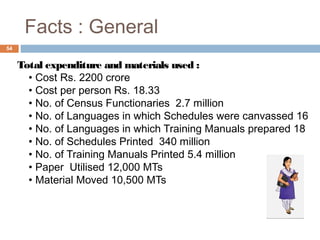Facts : General 
54 
Total expenditure and materials used : 
• Cost Rs. 2200 crore 
• Cost per person Rs. 18.33 
• No. of Census Functionaries 2.7 million 
• No. of Languages in which Schedules were canvassed 16 
• No. of Languages in which Training Manuals prepared 18 
• No. of Schedules Printed 340 million 
• No. of Training Manuals Printed 5.4 million 
• Paper Utilised 12,000 MTs 
• Material Moved 10,500 MTs 
 