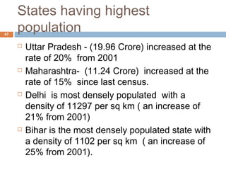 States having highest 
population 47 
 Uttar Pradesh - (19.96 Crore) increased at the 
rate of 20% from 2001 
 Maharasht...