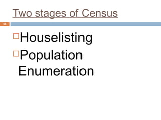 Two stages of Census 
56 
Houselisting 
Population 
Enumeration 
 
