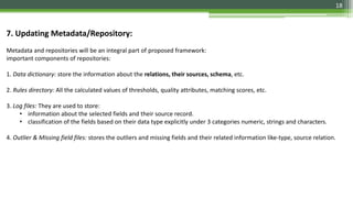 18
7. Updating Metadata/Repository:
Metadata and repositories will be an integral part of proposed framework:
important components of repositories:
1. Data dictionary: store the information about the relations, their sources, schema, etc.
2. Rules directory: All the calculated values of thresholds, quality attributes, matching scores, etc.
3. Log files: They are used to store:
• information about the selected fields and their source record.
• classification of the fields based on their data type explicitly under 3 categories numeric, strings and characters.
4. Outlier & Missing field files: stores the outliers and missing fields and their related information like-type, source relation.
 