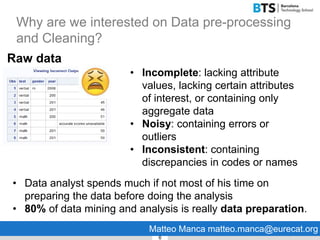 Why are we interested on Data pre-processing
and Cleaning?
6
Raw data
• Incomplete: lacking attribute
values, lacking certain attributes
of interest, or containing only
aggregate data
• Noisy: containing errors or
outliers
• Inconsistent: containing
discrepancies in codes or names
• Data analyst spends much if not most of his time on
preparing the data before doing the analysis
• 80% of data mining and analysis is really data preparation.
Matteo Manca matteo.manca@eurecat.org
 