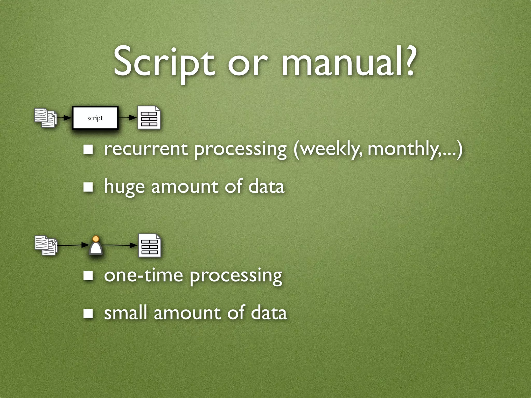 Script or manual?
script




■ recurrent processing (weekly, monthly,...)
■ huge amount of data


■ one-time processing
■ small amount of data
 