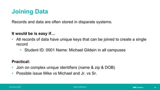 IBM Systems
Joining Data
Records and data are often stored in disparate systems.
It would be is easy if…
• All records of data have unique keys that can be joined to create a single
record
• Student ID: 0001 Name: Michael Gildein in all campuses
Practical:
• Join on complex unique identifiers (name & zip & DOB)
• Possible issue Mike vs Michael and Jr. vs Sr.
| 1624 January 2017 IBM Confidential
 