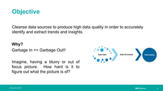 IBM Systems
Objective
Cleanse data sources to produce high data quality in order to accurately
identify and extract trends and insights.
| 624 January 2017
Why?
Garbage In == Garbage Out!!
Imagine, having a blurry or out of
focus picture. How hard is it to
figure out what the picture is of?
Raw Data Data & Context Information
 