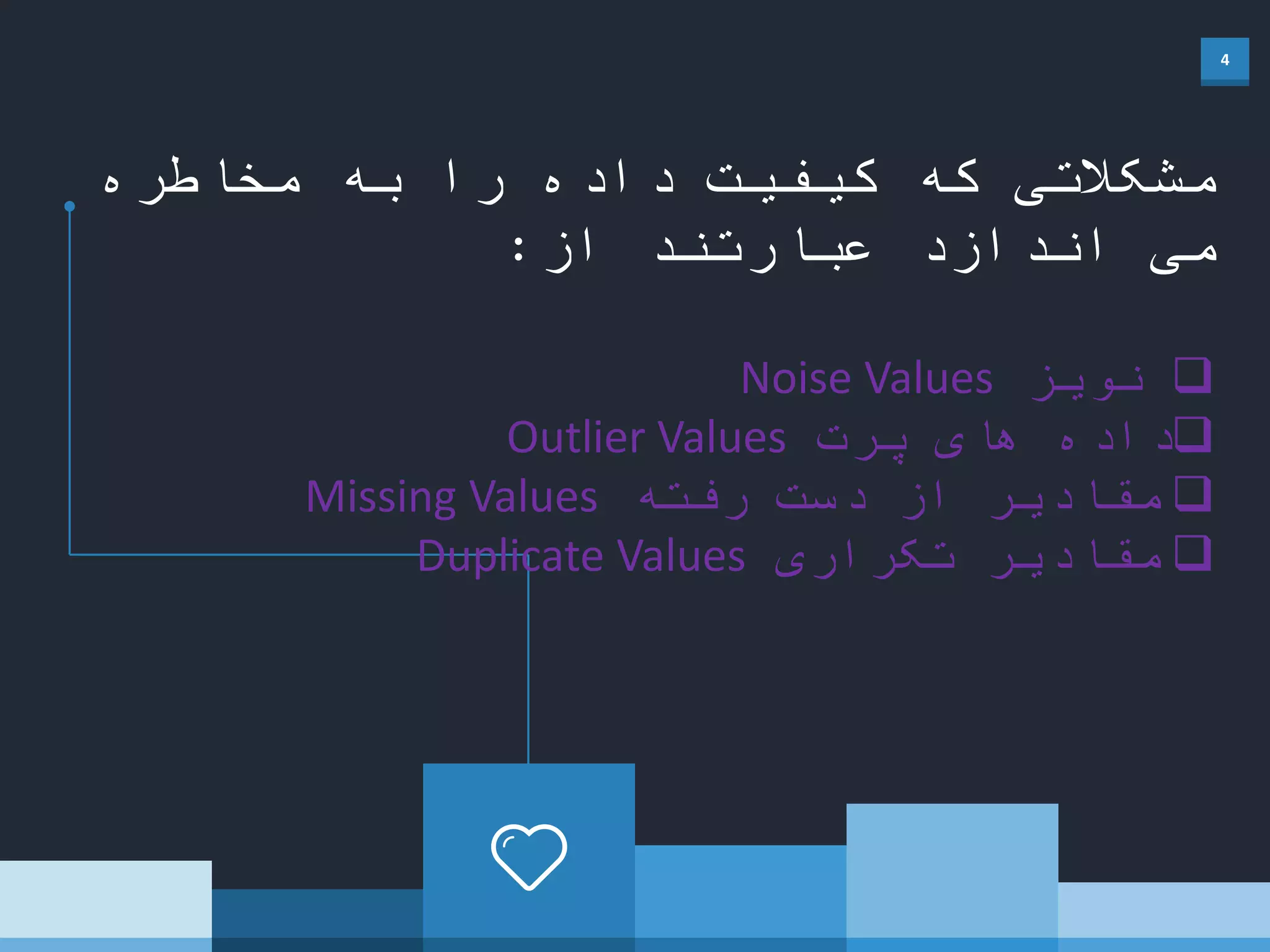 4
‫مخاطره‬ ‫به‬ ‫را‬ ‫داده‬ ‫کیفیت‬ ‫که‬ ‫مشکالتی‬
‫از‬ ‫عبارتند‬ ‫اندازد‬ ‫می‬:
‫نویز‬Noise Values
‫پرت‬ ‫های‬ ‫داده‬Outlier Values
‫رفته‬ ‫دست‬ ‫از‬ ‫مقادیر‬Missing Values
‫تکراری‬ ‫مقادیر‬Duplicate Values
 