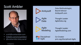 Scott Ambler
© Ambysoft Inc. 2
• scott@scottambler.com
• linkedin.com/in/sambler/
• @scottambler.bsky.social
Data Methodologist,
Board Advisor
Ambysoft.com
Thought Leader
AgileData.org
Thought Leader
AgileModeling.com
Co-Creator
pmi.org/disciplined-Agile
 