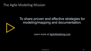 The Agile Modeling Mission
To share proven and effective strategies for
modeling/mapping and documentation.
Learn more at AgileModeling.com
© Ambysoft Inc. 38
 