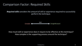Comparison Factor: Required Skills
© Ambysoft Inc. 43
Required skills considers the amount of skill or experience required to successfully
perform the technique.
Skill
Complex Straightforward
How much skill or experience does it require to be effective at this technique?
How complex is the supporting process around the technique?
 